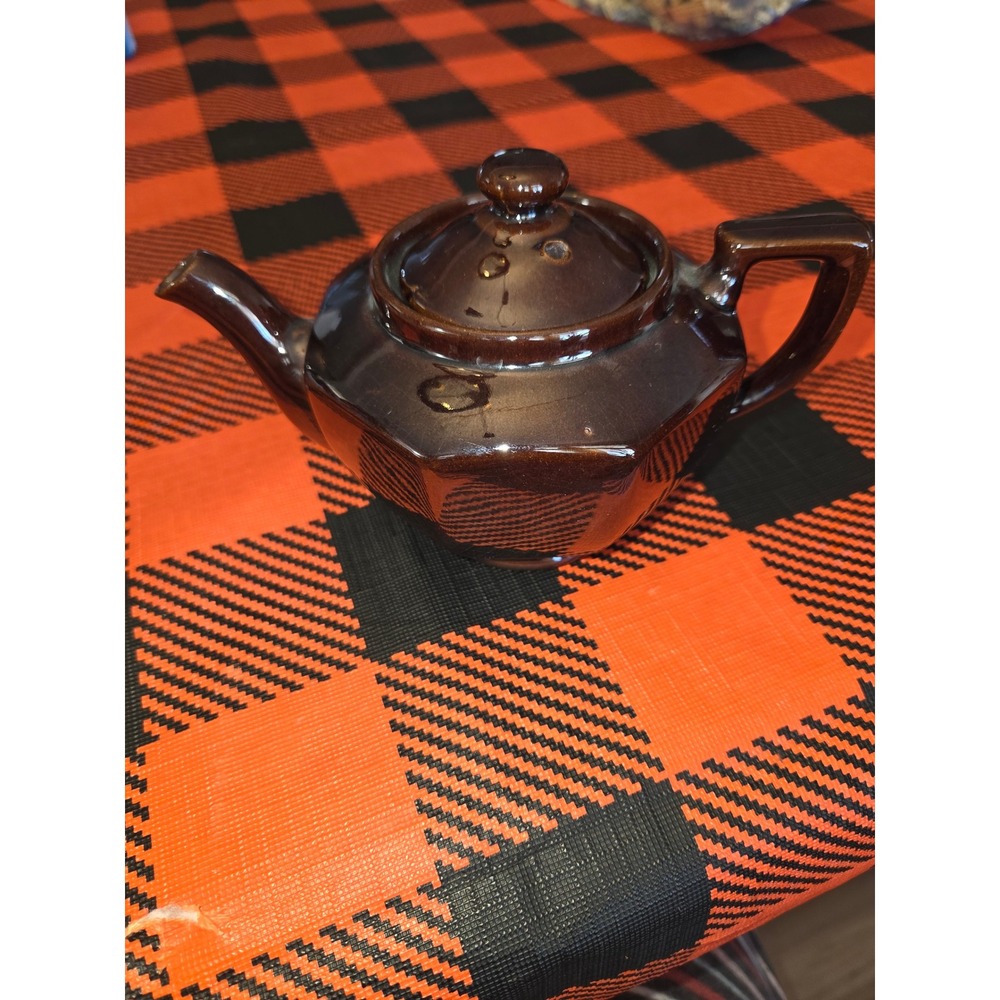Vintage Japan Brown Glazed Ceramic Hexagonal Individual Personal Teapot with Lid